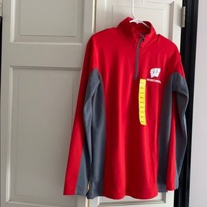 NWT. Wisconsin Logo red and gray 1/4 zip shirt.